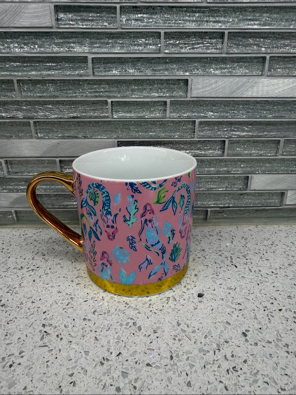 Lilly Pulitzer Pink Coral Motif Ceramic Mug with Gold Trim